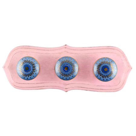 Pink With Blue Peacock Ceramic Wooden Hook
